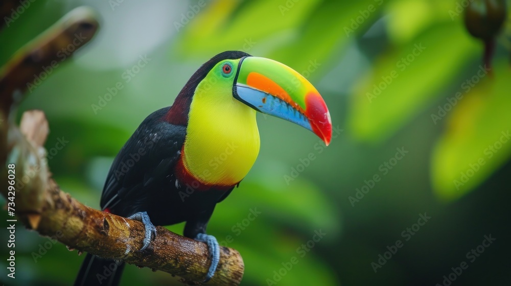 Obraz premium a colorful toucan sitting on top of a tree branch in front of a green leafy tree branch.