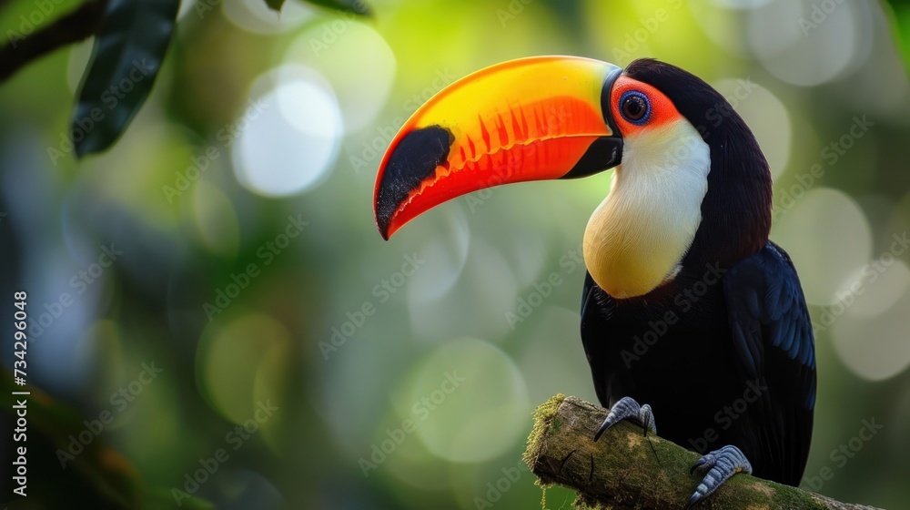 Fototapeta premium a close up of a toucan on a tree branch with blurry trees in the backgroud.