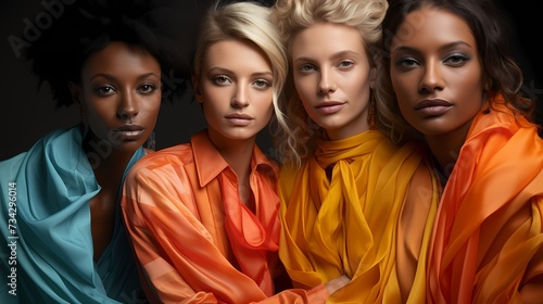 A group of models in bold, colorful attire strikes a pose against a clean and modern background, creating a visually striking composition