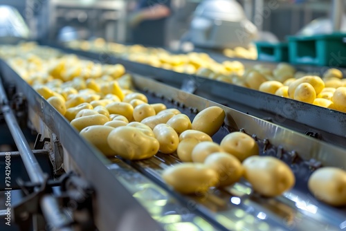 A factory producing selected potatoes on an automatic production conveyor. Potatoes are carefully lined up on a production line to meet market demand.