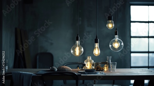 a table with a bunch of light bulbs hanging from it's sides and some glasses on top of it. photo