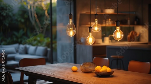 a wooden table topped with a bowl of oranges next to a light bulb filled light bulb chandelier.