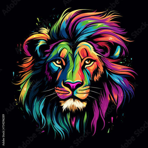 Colorful Lion head abstract trophical graffiti , cartoon style,black background. Generative Ai photo