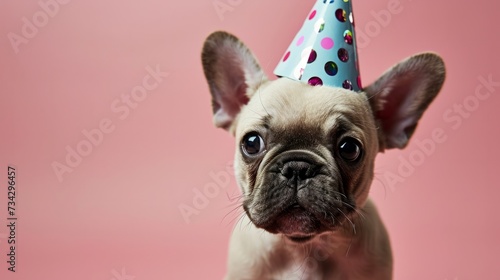 Puppy with birthday hat, pink background, generative ai