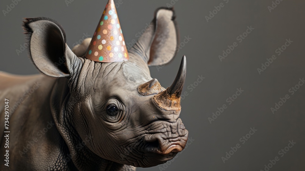 Obraz premium Rhino calf with birthday hat, gray background, generative ai
