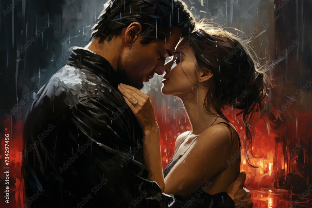 Couple kiss rain street. Love woman. Generate Ai