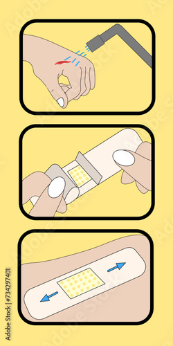The illustration demonstrates the process of applying a medical plaster to the skin. The instruction provides a detailed explanation of the procedure steps, starting from cleaning the skin area to rem