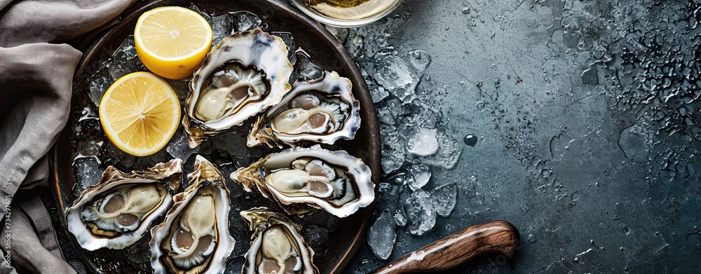 Open raw oysters on a plate with lemon and oysters knife, dark gray vintage background Open raw oysters on a plate with lemon and oysters knife, dark gray vintage background