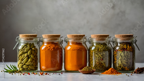 various different dry spices in glass jars in the kitchen