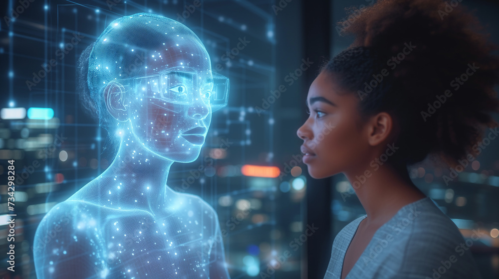 Businesswoman on video call with holographic colleague in late-night office Businesswoman on video call with holographic colleague in late-night office