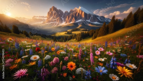 Idyllic sunset scenery: flower meadow in golden hour and view to surround mountains at Alpe di Siusi, South Tyrol, Italy