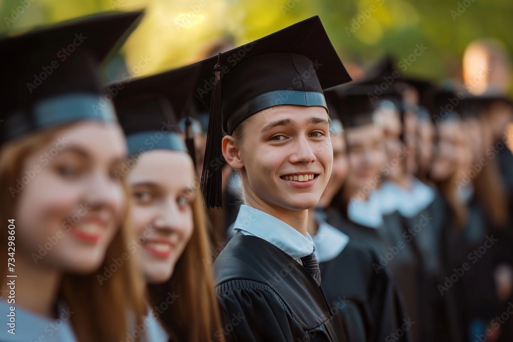 High school boy graduate with friends in cap and gown High school boy graduate with friends in cap and gown