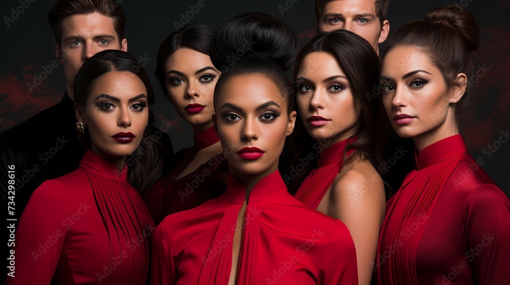 A group of stunning models stands in front of a solid deep red background, their confident expressions and striking beauty creating a sense of allure and mystery
