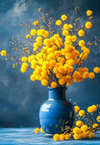 Beautiful bouquet of mimosa flowers in a blue vase. Spring floral still life.