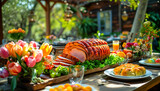 Festive Easter Brunch Spread with Glazed Ham, easter eggs, salads, assorted appetizers and spring flowers in garden