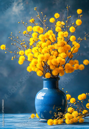 Beautiful bouquet of mimosa flowers in a blue vase. Spring floral still life.