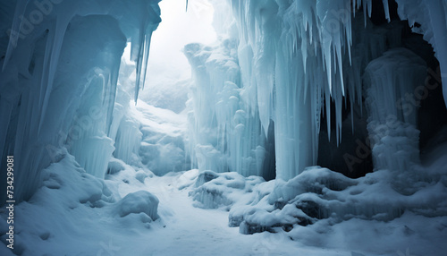 Majestic winter landscape frozen mountains, blue ice, tranquil cave generated by AI