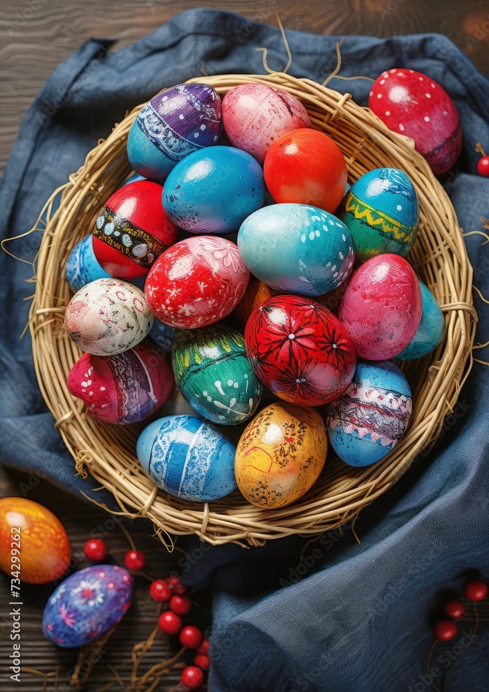 Fototapeta premium Happy Easter Cards & Greetings. Easter greeting card of vibrant Easter eggs in a rustic basket. Easter eggs patterns
