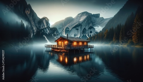 A wooden cottage located at the shore of Millstaetter lake in Austria. The lake is surrounded by high Alps. Calm surface of the lake reflecting the mountains.Golden hour. Calmness and serenity