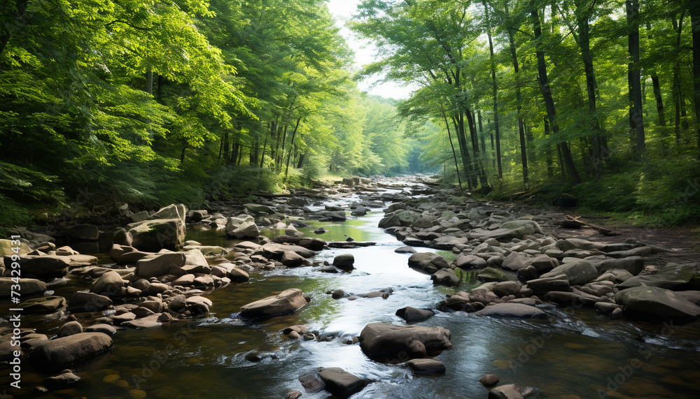 Tranquil scene green forest, flowing water, majestic mountain range generated by AI Tranquil scene green forest, flowing water, majestic mountain range generated by AI