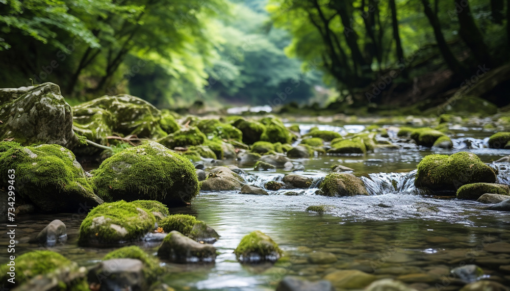 Tranquil scene of a green forest with flowing water generated by AI Tranquil scene of a green forest with flowing water generated by AI