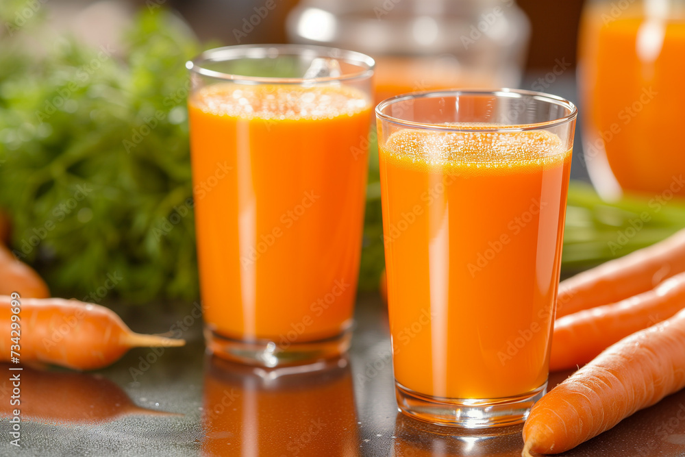 Carrot juice with fresh carrots on a table