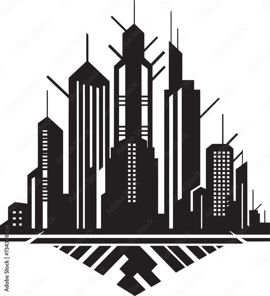 Fototapeta premium Shadowed Skyscrapers Chic Black Vector Design Gothic Grandeur Sophisticated City Art Deco Symbol
