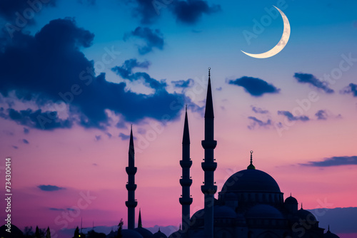Mosque and crescent moon at twilight. photo