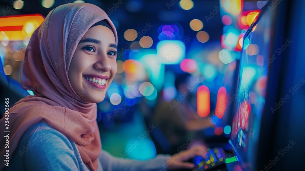 Muslim young woman playing video games in cybersports club and smiling happily generative ai Muslim young woman playing video games in cybersports club and smiling happily generative ai