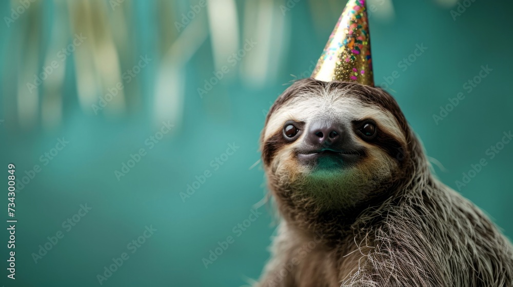 Sloth with birthday hat, teal background generative ai