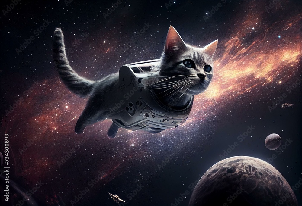 A spaceship in the form of a gray cat flies in outer space. Children's drawing. Generative AI