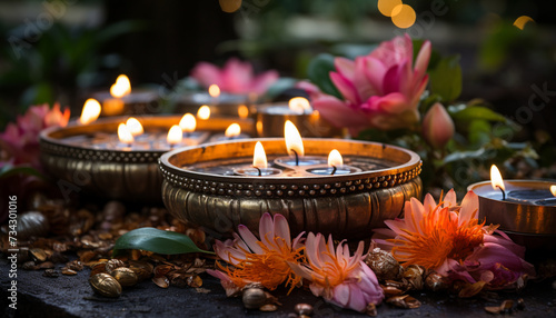 Candle flame glows, illuminating petals in tranquil candlelight relaxation generated by AI