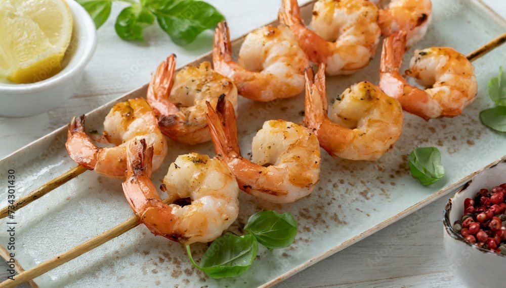 Grilled Shrimps on a Skewer Close-up Shot Grilled Shrimps on a Skewer Close-up Shot
