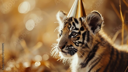 Tiger cub with birthday hat, golden background, generative ai © Francheska