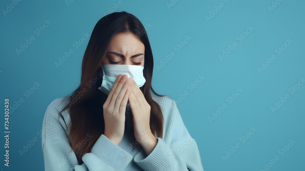 A woman suffering from a severe cold. Sore throat and laryngitis symptoms suggest a doctor's consultation. Prevent colds by wearing a mask. A woman suffering from a severe cold. Sore throat and laryngitis symptoms suggest a doctor's consultation. Prevent colds by wearing a mask.