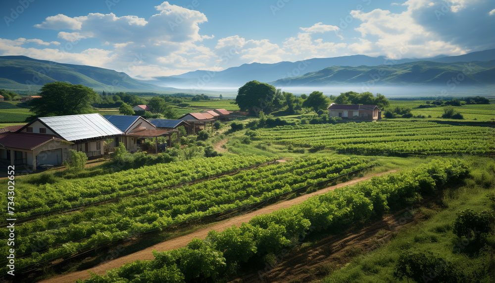 Green meadow, mountain landscape, vineyard, rice paddy, fresh food harvest generated by AI