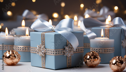 Glowing candle illuminates gift box, celebrating winter with warmth generated by AI