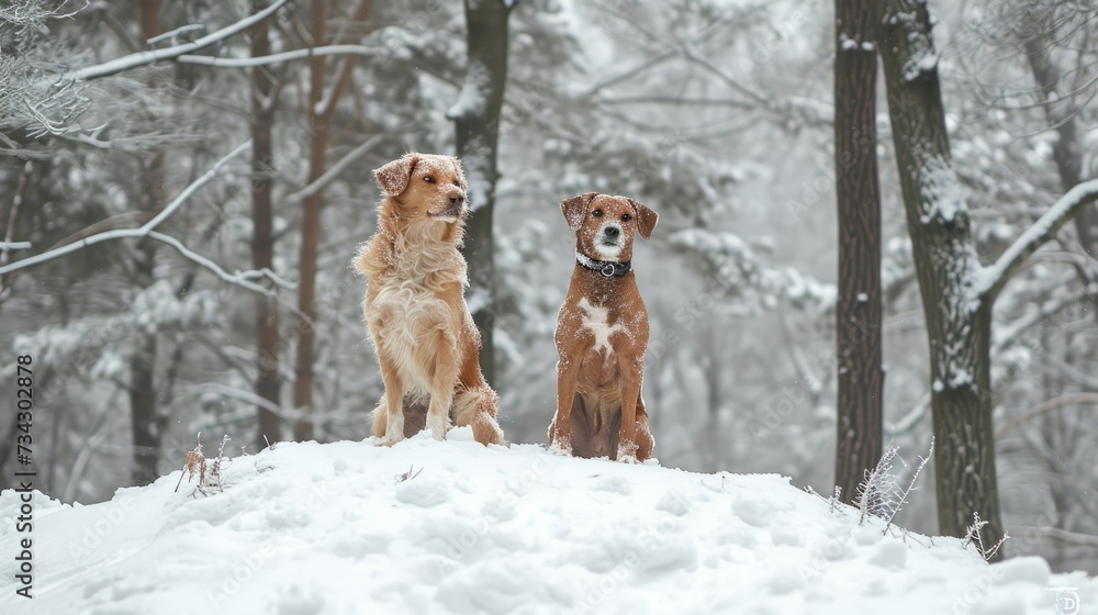 Two dogs perch on a snow-covered hill, generative ai