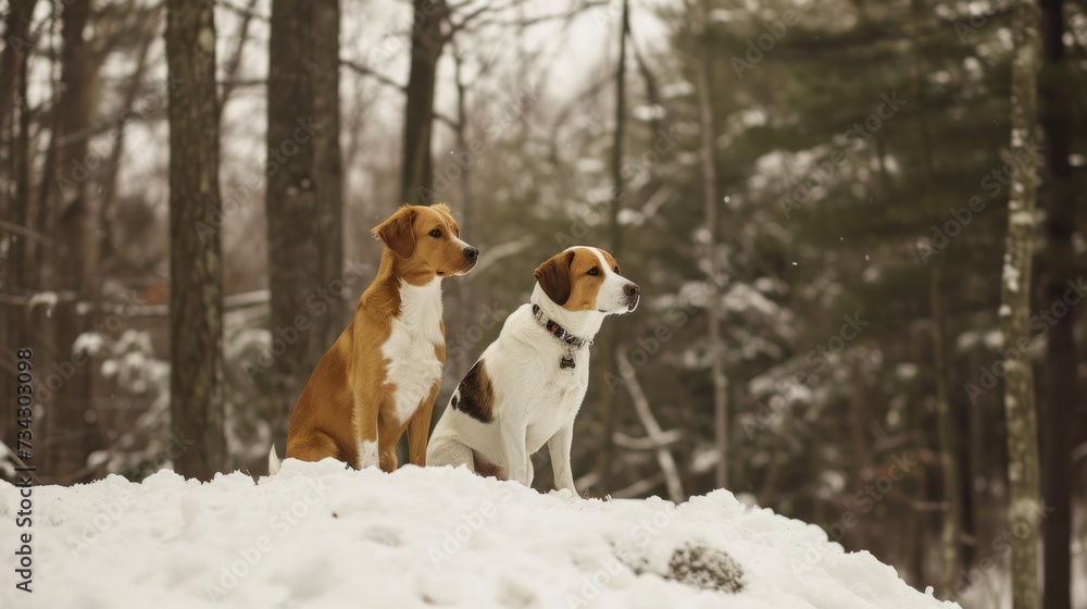 Two dogs perch on a snow-covered hill, generative ai