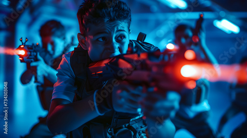 Intense laser tag match with a focused boy aiming
