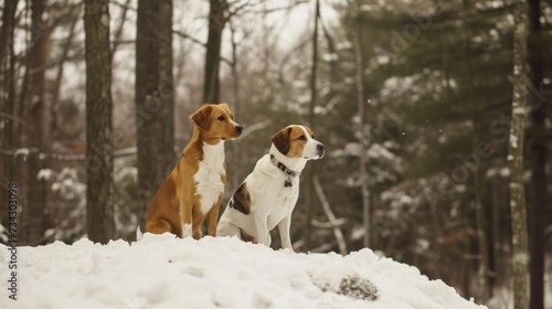 Two dogs perch on a snow-covered hill, generative ai