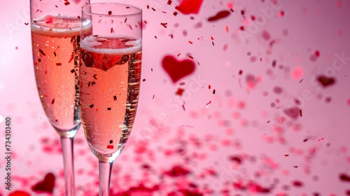 Two glasses of champagne with red heart-shaped confetti splashes on pink background generative ai