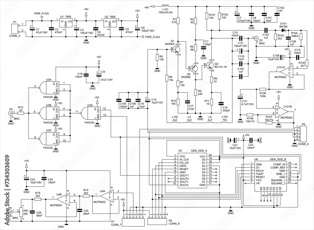 Schematic diagram of electronic device.
Vector drawing electrical circuit with capacitor, diode,
coil, resistor, logic gate, integrated circuit,
operational amplifier, transistor,
connector. Schematic diagram of electronic device.
Vector drawing electrical circuit with capacitor, diode,
coil, resistor, logic gate, integrated circuit,
operational amplifier, transistor,
connector.