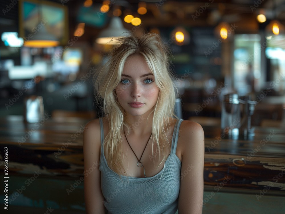 Blonde teenager girl in restaurant bar in countryside Blonde teenager girl in restaurant bar in countryside