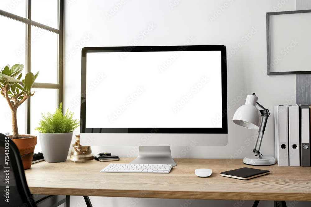 Sleek home office desk with a modern computer monitor, potted plants, lamp, and accessories. Sleek home office desk with a modern computer monitor, potted plants, lamp, and accessories.