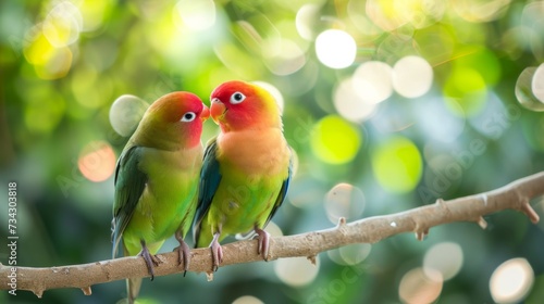Two lovebirds perched on a branch, beaks touching, generative ai