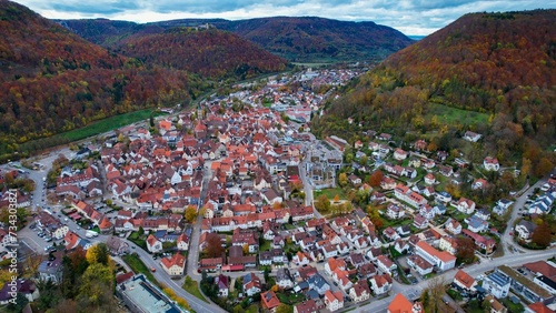 Aerial view of the old town of Bad Urach in Germany on a sunny day in autumn	
 photo