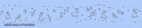 Vector. Cute hand drawn Easter horizontal background with bunnies, easter eggs. Festive background with Easter linear symbols. Copy space for text. Design cards, banners and other promotional items.