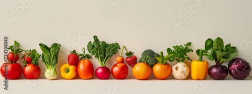 Lineup of assorted fresh vegetables on a neutral background, showcasing natural diversity and healthy eating.