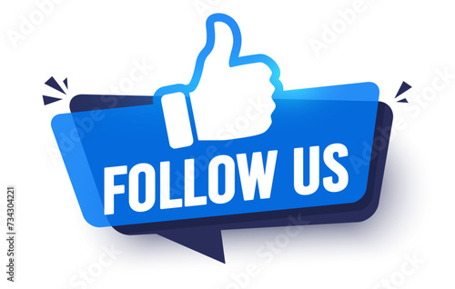 Blue Modern Label With Thumb Up And Text Follow Us